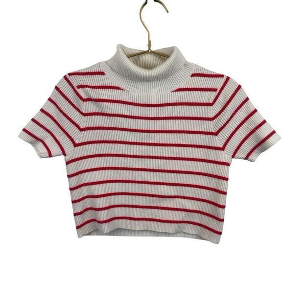 Callahan Revolve White Red Striped Short Sleeve Turtleneck Cropped Sweater Sz S - Picture 1 of 6